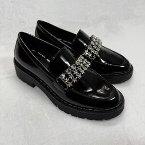 Gianni Bini GB Loafers Platform Lug Sole Rhinestone Embellished Black Shoes 7.5M